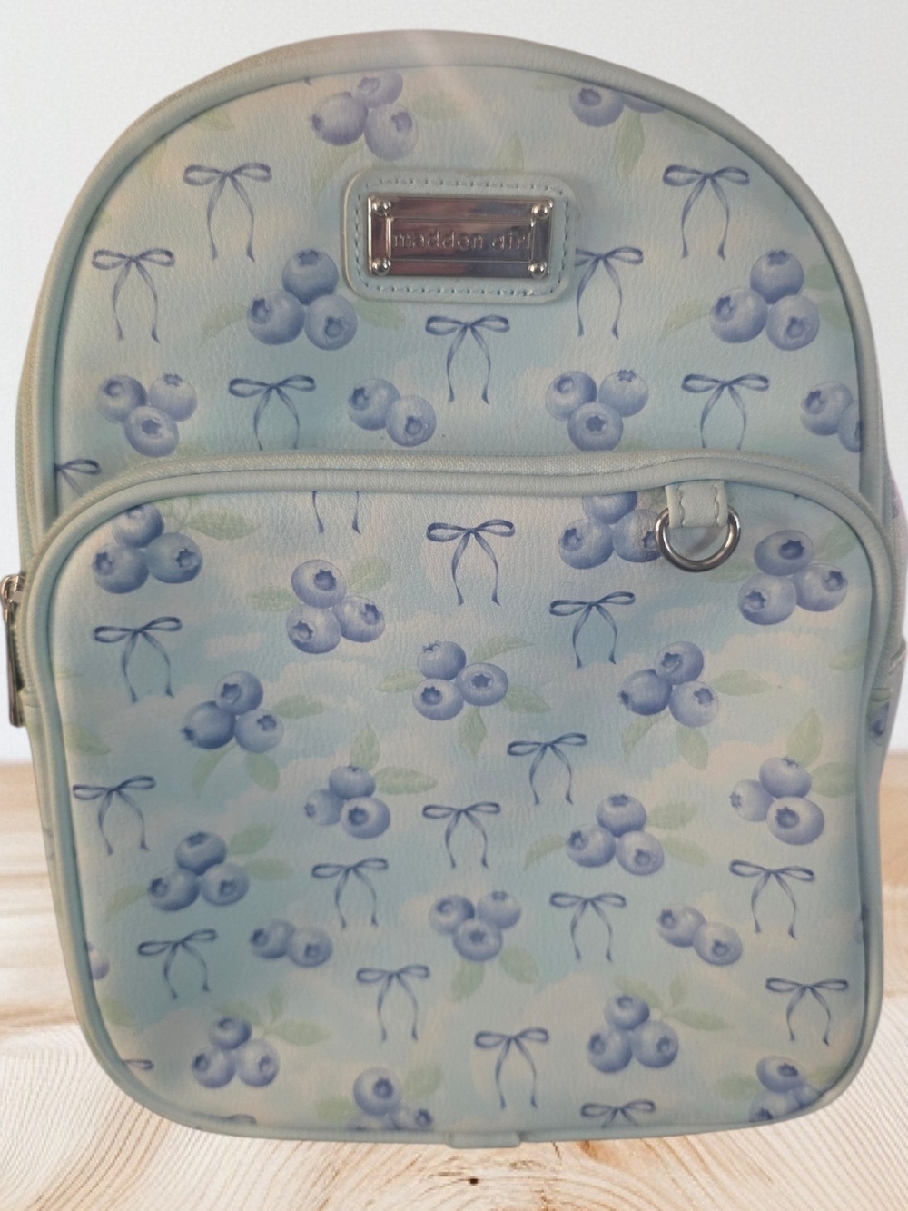 Madden Girl Pastel Blue Blueberry Print Mini Backpack